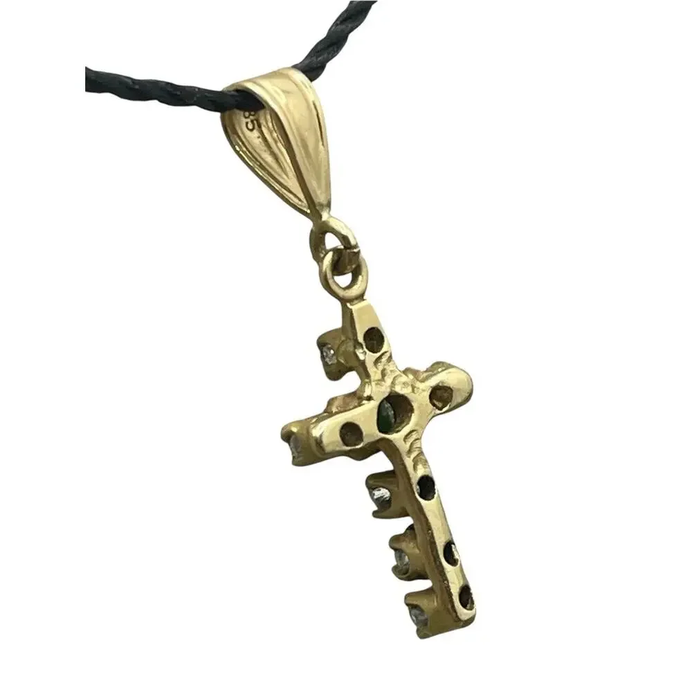 14K Yellow Gold Diamond & Green Stone Mini Cross Charm Pendant (26421)